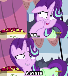 Size: 686x768 | Tagged: safe, edit, edited screencap, screencap, starlight glimmer, pony, unicorn, rock solid friendship, caption, discovery family logo, exploitable meme, fallout, fallout 4, image macro, meme, starlight's confessions, synth, synth (fallout 4)