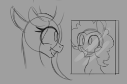 Size: 1073x708 | Tagged: artist needed, safe, pinkie pie, queen chrysalis, changeling, changeling queen, earth pony, pony, /mlp/, 4chan, female, grin, mirror, monochrome, open mouth, smiling, solo