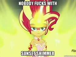 Size: 800x599 | Tagged: safe, artist:sonatadusklover, edit, edited screencap, screencap, sunset shimmer, equestria girls, friendship games, daydream shimmer, discovery family logo, image macro, meme, solo, vulgar