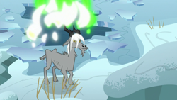 Size: 1280x720 | Tagged: safe, screencap, queen chrysalis, changeling, changeling queen, goat, frenemies (episode), cloven hooves, disguise, disguised changeling, female, ice, snow, solo