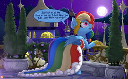 Size: 1301x800 | Tagged: safe, artist:pusspuss, derpibooru import, part of a set, rainbow dash, pegasus, pony, comic:rainbow dash and you attend the gala, balcony, clothed ponies, clothes, comic, cute, dashabetes, dialogue, dress, explicit source, female, gala dress, mare, moon, night, open mouth, patreon, patreon logo, silhouette, solo, speech bubble