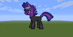 Size: 1366x706 | Tagged: safe, artist:darkflaretj, derpibooru import, twilight sparkle, unicorn twilight, pony, unicorn, it's about time, /mlp/, cloud, female, future twilight, game screencap, mare, minecraft, minecraft pixel art, pixel art, sky, solo