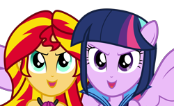 Size: 12350x7548 | Tagged: safe, artist:decprincess, sunset shimmer, twilight sparkle, twilight sparkle (alicorn), alicorn, equestria girls, rainbow rocks, absurd resolution, duo, microphone, ponied up, simple background, transparent background, vector