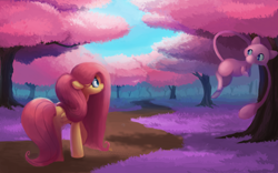 Size: 2688x1672 | Tagged: safe, artist:verrmont, fluttershy, pegasus, pony, cherry blossoms, crossover, flower, mew, pokémon, tree