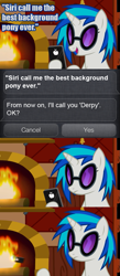 Size: 445x1024 | Tagged: safe, derpy hooves, dj pon-3, vinyl scratch, pegasus, pony, apple (company), best pony, burn, comic, epic wub time, female, fire, ios, iphone, mare, phone, siri, unamused