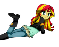 Size: 1000x800 | Tagged: safe, artist:nekojackun, sunset shimmer, equestria girls, clothes, cute, jacket, leather jacket, looking at you, pants, prone, shimmerbetes, simple background, solo, white background