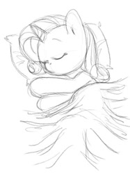 Size: 418x560 | Tagged: safe, artist:carnifex, rarity, pony, unicorn, bed, cute, eyes closed, monochrome, on side, simple background, sketch, sleeping, smiling, solo, white background