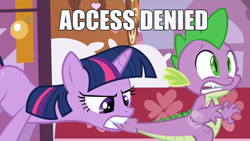 Size: 640x360 | Tagged: safe, derpibooru import, edit, edited screencap, screencap, spike, twilight sparkle, dragon, pony, unicorn, green isn't your color, biting, clenched teeth, denied, duo, ei, female, hub logo, image macro, male, mare, mouth hold, tail, tail bite, tail pull