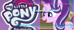 Size: 1024x417 | Tagged: safe, starlight glimmer, pony, unicorn, comparison, my little pony logo, open mouth, smiling, solo