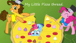 Size: 800x450 | Tagged: safe, derpibooru import, screencap, cheese sandwich, pinkie pie, rainbow dash, earth pony, pegasus, pony, insane pony thread, pizza