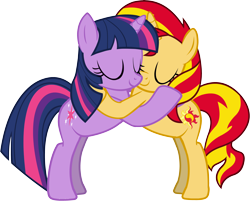 Size: 5069x4067 | Tagged: safe, artist:ramseybrony17, sunset shimmer, twilight sparkle, twilight sparkle (alicorn), alicorn, pony, unicorn, absurd resolution, female, hug, lesbian, shipping, sunsetsparkle, vector, wingless