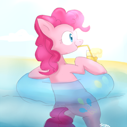 Size: 700x700 | Tagged: safe, artist:sion, pinkie pie, earth pony, pony, drink, inner tube, plot, solo, water