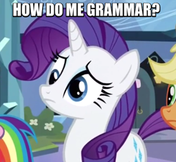 Size: 388x357 | Tagged: safe, derpibooru import, screencap, applejack, rainbow dash, rarity, earth pony, pegasus, pony, unicorn, equestria games (episode), derp, grammar, image macro, meme