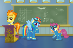 Size: 4011x2638 | Tagged: safe, artist:shutterflyeqd, derpibooru import, rainbow dash, scootaloo, spitfire, pegasus, pony, bbest pony, chalkboard, clothes, female, feminism, filly, goggles, heartwarming, looking at you, mare, scootalove, smiling, uniform, wonderbolt scootaloo, wonderbolts uniform