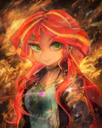 Size: 1355x1700 | Tagged: safe, artist:girlsay, sunset shimmer, equestria girls, chromatic aberration, fiery shimmer, fire, patreon, patreon logo, smirk, solo