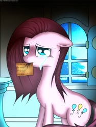 Size: 960x1280 | Tagged: safe, artist:blackbasscry, pinkie pie, earth pony, pony, crying, lonely, mouth hold, note, pinkamena diane pie, sad, solo