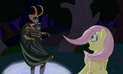 Size: 2650x1600 | Tagged: safe, artist:aa, fluttershy, pegasus, pony, commission, crossover, everfree forest, fanfic, fanfic art, loki, marvel, thor