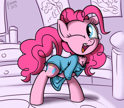 Size: 3000x2600 | Tagged: safe, artist:killryde, pinkie pie, pony, bedroom, bipedal, bottomless, chest fluff, clothes, covering, off shoulder, shirt, solo