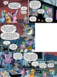 Size: 1398x1902 | Tagged: safe, derpibooru import, idw, applejack, fluttershy, king sombra, pinkie pie, rainbow dash, rarity, spike, twilight sparkle, twilight sparkle (alicorn), alicorn, dragon, earth pony, pegasus, pony, unicorn, spoiler:comic, spoiler:comic19, evil luna, eyes closed, female, flying, frown, good king sombra, gritted teeth, laughing, looking up, mare, open mouth, raised eyebrow, shadow, shivering, smiling, spread wings, wide eyes