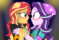 Size: 1653x1122 | Tagged: safe, artist:shonatabeata, starlight glimmer, sunset shimmer, equestria girls, mirror magic, spoiler:eqg specials, beanie, blushing, female, hat, lesbian, looking at each other, shimmerglimmer, shipping, wavy mouth