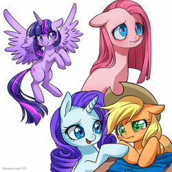 Size: 1200x1200 | Tagged: safe, artist:racoonsan, derpibooru import, applejack, pinkie pie, rarity, twilight sparkle, twilight sparkle (alicorn), alicorn, earth pony, pony, unicorn, crying, female, mare, pinkamena diane pie, pixiv, swapped cutie marks