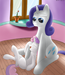 Size: 920x1058 | Tagged: safe, artist:dreambreaker, rarity, sweetie belle, pony, unicorn, bellyrubs, cute, diasweetes, sisters, tickling, tulip, window