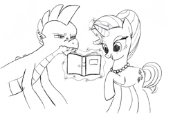 Size: 748x490 | Tagged: safe, artist:queencold, rarity, spike, dragon, pony, unicorn, book, monochrome, older, sketch, teenage spike, teenaged dragon