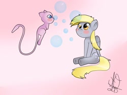 Size: 2592x1936 | Tagged: safe, artist:theratchetlover24, derpy hooves, pegasus, pony, blushing, bubble, crossover, cute, female, mare, mew, nintendo, pokémon, video game