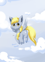 Size: 1100x1500 | Tagged: safe, artist:mimkage, derpy hooves, pegasus, pony, alternate hairstyle, cloud, cloudy, female, flying, mare, ponytail, solo