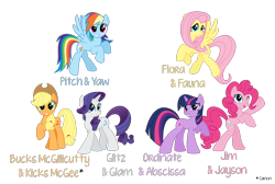 Size: 1014x682 | Tagged: safe, artist:ratchethun, derpibooru import, applejack, fluttershy, pinkie pie, rainbow dash, rarity, twilight sparkle, earth pony, pegasus, pony, unicorn, bucky mcgillicutty, headcanon, kicks mcgee, mane six, text