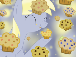 Size: 1600x1200 | Tagged: safe, artist:foxkmint76, derpy hooves, pegasus, pony, cupcake, eating, female, food, mare, messy eating, muffin, nom, scrunchy face, solo