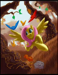 Size: 2600x3400 | Tagged: safe, artist:semajz, fluttershy, bird, butterfly, pegasus, pony, rabbit, squirrel, animal