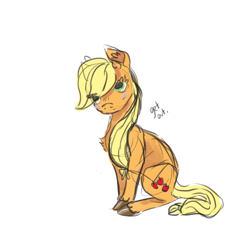 Size: 1500x1500 | Tagged: safe, artist:weepysheep, applejack, earth pony, pony, blushing, get out, simple background, sitting, solo, unshorn fetlocks, white background