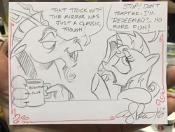 Size: 2048x1536 | Tagged: safe, artist:andypriceart, discord, sunset shimmer, pony, unicorn, traditional art