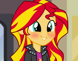 Size: 682x537 | Tagged: safe, edit, edited screencap, screencap, sunset shimmer, equestria girls, rainbow rocks, blushing, clothes, cute, jacket, shimmerbetes, smiling