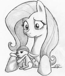 Size: 1287x1500 | Tagged: safe, artist:dj-black-n-white, angel bunny, fluttershy, pegasus, pony, season 4, concept art, eminem, f to the flutter s to the shy, female, mare, microphone, monochrome, rapping, rumor, slim shady, traditional art