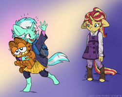 Size: 1100x875 | Tagged: safe, artist:kaemantis, lyra heartstrings, sunset shimmer, anthro, unguligrade anthro, unicorn, backpack, clothes, cute, duo, filly, floppy ears, garfield, gradient background, kaemantis is trying to murder us, lyrabetes, plushie, sad, shimmerbetes, skirt, waving, younger