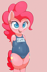 Size: 1024x1572 | Tagged: safe, artist:masak9, pinkie pie, earth pony, pony, ask school swimsuit pinkie pie, bipedal, blush sticker, blushing, clothes, colored pupils, cute, diapinkes, japanese, one-piece swimsuit, open mouth, pixiv, school swimsuit, simple background, smiling, solo, swimsuit