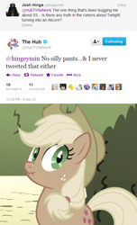 Size: 500x821 | Tagged: safe, screencap, applejack, the return of harmony, liarjack, palindrome get, silly pants, telling lies, the hub, twitter