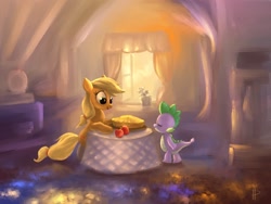 Size: 1000x750 | Tagged: dead source, safe, artist:rom-art, applejack, spike, dragon, earth pony, pony, apple, applespike, cute, female, jackabetes, male, mare, missing accessory, pie, shipping, spikabetes, straight