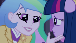 Size: 640x360 | Tagged: safe, screencap, princess celestia, principal celestia, twilight sparkle, equestria girls, equestria girls (movie), cute, cutie mark accessory, momlestia fuel, out of context, ponied up