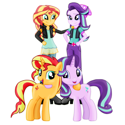 Size: 1616x1612 | Tagged: safe, artist:majkashinoda626, starlight glimmer, sunset shimmer, pony, unicorn, equestria girls, mirror magic, spoiler:eqg specials, beanie, female, friends, hat, mare, simple background, smiling