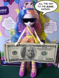 Size: 540x720 | Tagged: safe, princess celestia, principal celestia, equestria girls, benjamin franklin, dialogue, doll, federal reserve note, money, sunglasses, toy