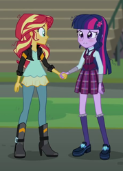 Size: 456x636 | Tagged: safe, screencap, sci-twi, sunset shimmer, twilight sparkle, equestria girls, friendship games, clothes, cropped, crystal prep academy uniform, female, holding hands, school uniform