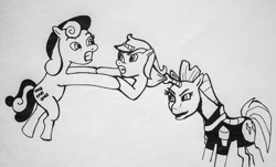 Size: 639x386 | Tagged: safe, artist:vacuumvorer, bon bon, lyra heartstrings, sweetie drops, tempest shadow, earth pony, pony, unicorn, absorption, female, fetish, horn, horn vore, mare, pencil drawing, traditional art, vore