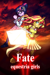 Size: 792x1192 | Tagged: safe, artist:kul, sci-twi, sunset shimmer, twilight sparkle, equestria girls, armor, cover art, crossover, fanfic, fanfic art, fanfic cover, fate/stay night, fimfiction, glasses, looking at you, saber, sword, text, weapon, writing