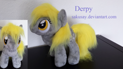Size: 1238x697 | Tagged: safe, artist:sakusay, derpy hooves, pegasus, pony, female, irl, mare, photo, plushie, solo