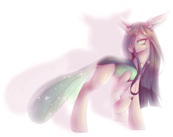 Size: 1024x812 | Tagged: safe, artist:melly-fox, maud pie, queen chrysalis, oc, oc:replica, changedling, changeling, changeling queen, ethereal mane, female, floppy ears, fusion, heart, lidded eyes, looking at you, purified chrysalis, raised hoof, simple background, solo, starry mane, white background