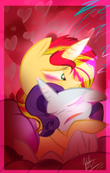 Size: 700x1100 | Tagged: safe, artist:parumeworld, rarity, sunset shimmer, pony, unicorn, female, lesbian, shipping, sunsarity