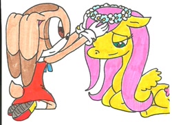 Size: 752x544 | Tagged: safe, artist:cmara, fluttershy, pegasus, pony, cream the rabbit, crossover, sonic the hedgehog (series), traditional art